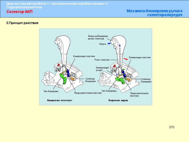 Селектор АКП Механизм блокировки рычага селектора передач (2/3) 3.Принцип действия Блокирующая пластина Тяга блокировки